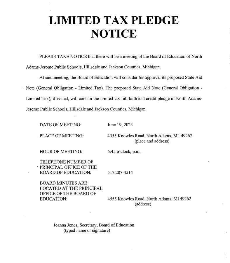 LIMITED TAX PLEDGE NOTICE North AdamsJerome Public Schools