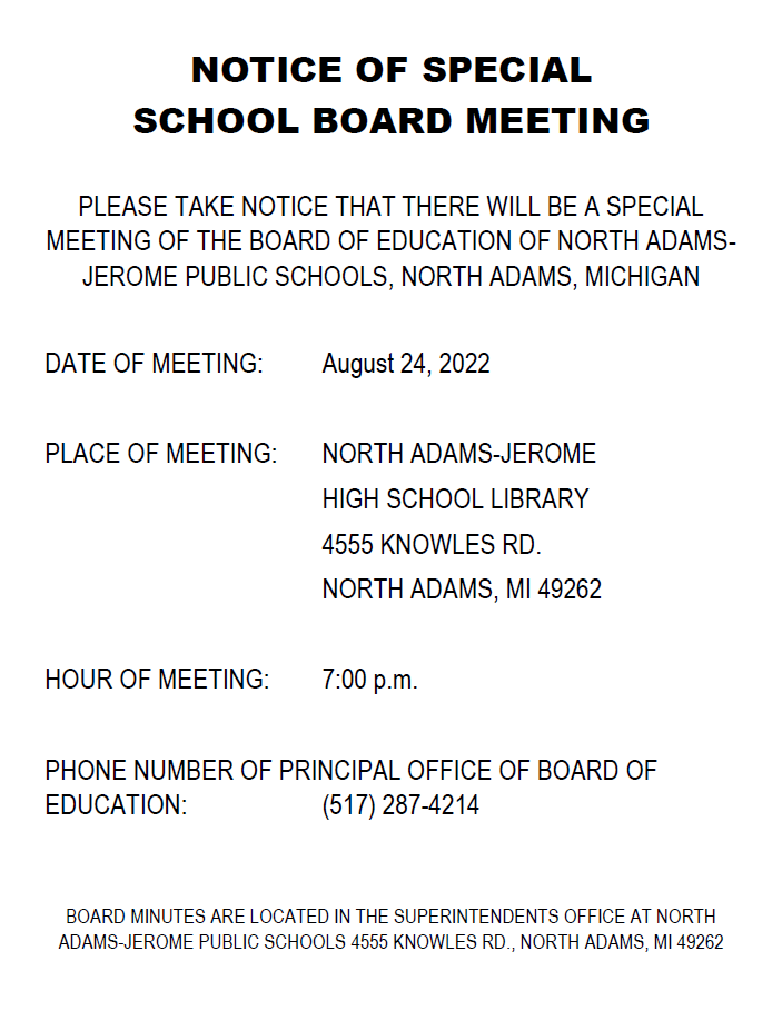 Special School Board Meeting 8.24.22